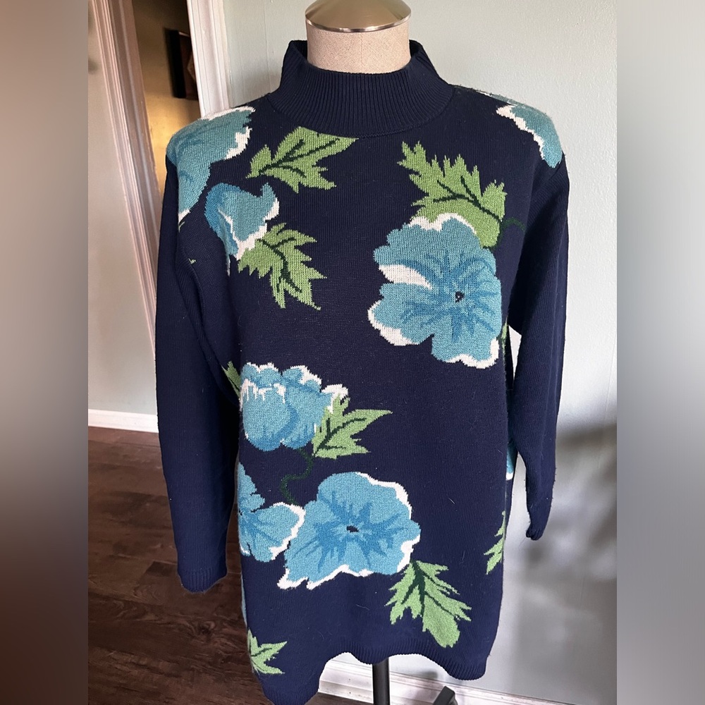 Vintage Alfred Dunner Made in USA Blue Floral Pullover Sweater Size Large Petite